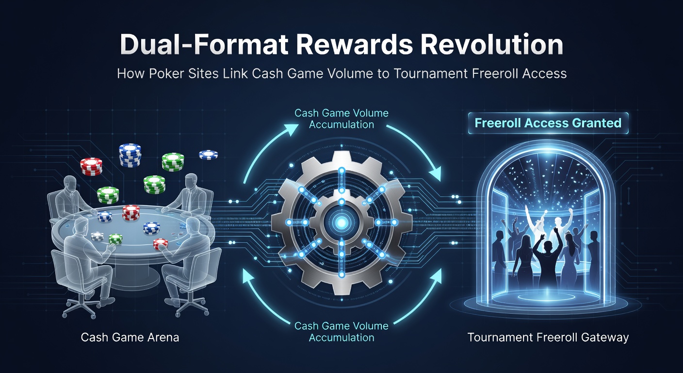 Grafik zeigt die Verknüpfung von Cash-Game-Rake und Freeroll-Turnierzugang bei modernen Pokerplattformen, mit Balkendiagrammen zu Volumen und Belohnungen