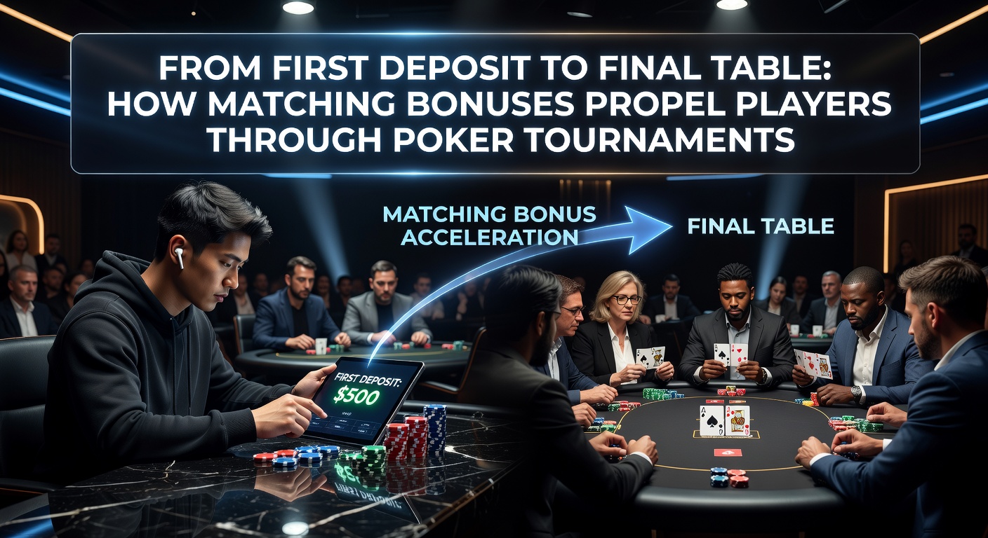 Ein Poker-Spieler am Tisch mit Chips und Bildschirm, der einen Matching-Bonus aktiviert, symbolisiert den Start in Turniere