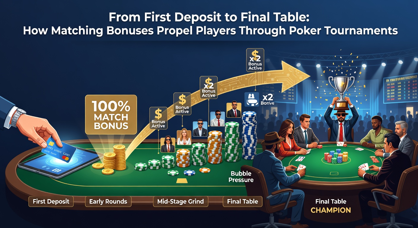 Gruppe von Spielern an einem Finaltisch in einem großen Pokerturnier, mit Stapeln von Chips und jubelnden Zuschauern, illustriert den Höhepunkt durch smarte Bonusnutzung