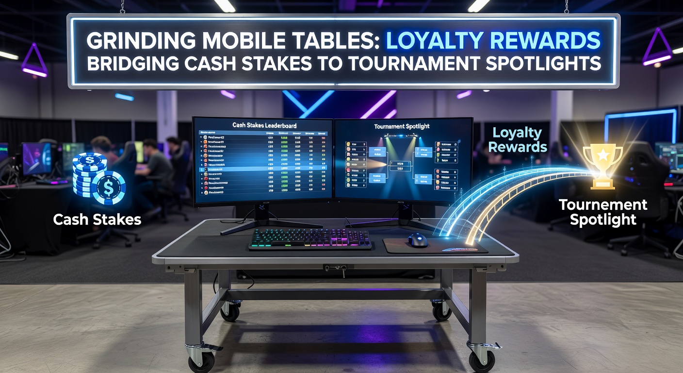 Ein Grinder tippt konzentriert auf seinem Smartphone, während Loyalty-Punkte auf dem Bildschirm für Cash Games und Turnier-Tickets aufleuchten