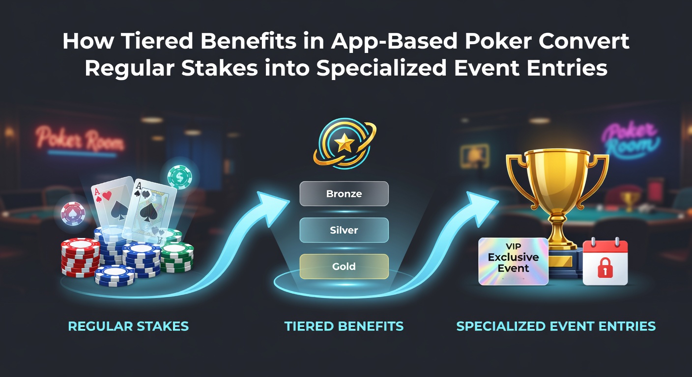 Darstellung eines mobilen Poker-Interfaces mit gestaffelten Benefit-Stufen und Turnier-Eintrittssymbolen