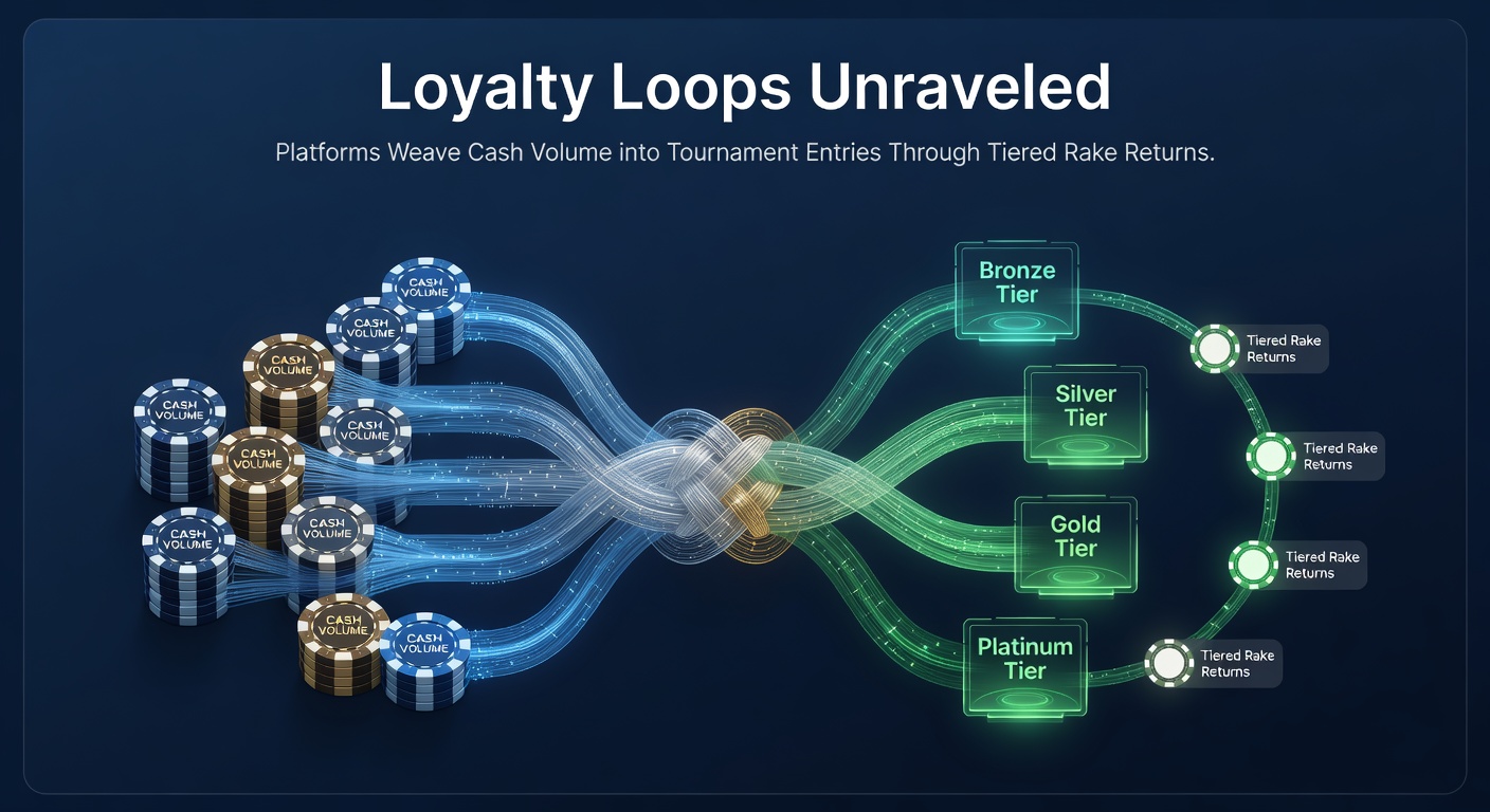 Grafik zeigt ein schematisches Diagramm von Cash-Game-Rake, die sich in gestaffelte Turnier-Eintritte verwandelt, mit Pfeilen die Loyalitätsstufen verbinden