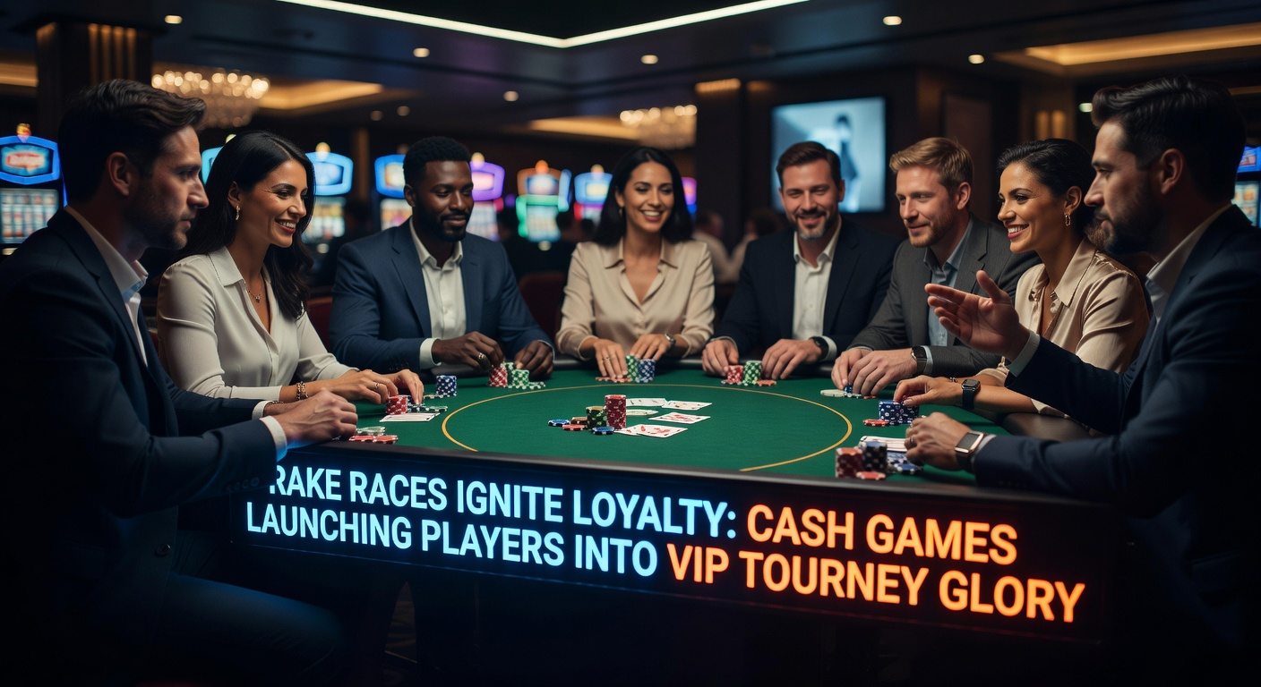 Spieler am Poker-Tisch mit Rake-Race-Leaderboard im Hintergrund, das Preise und VIP-Turniere zeigt
