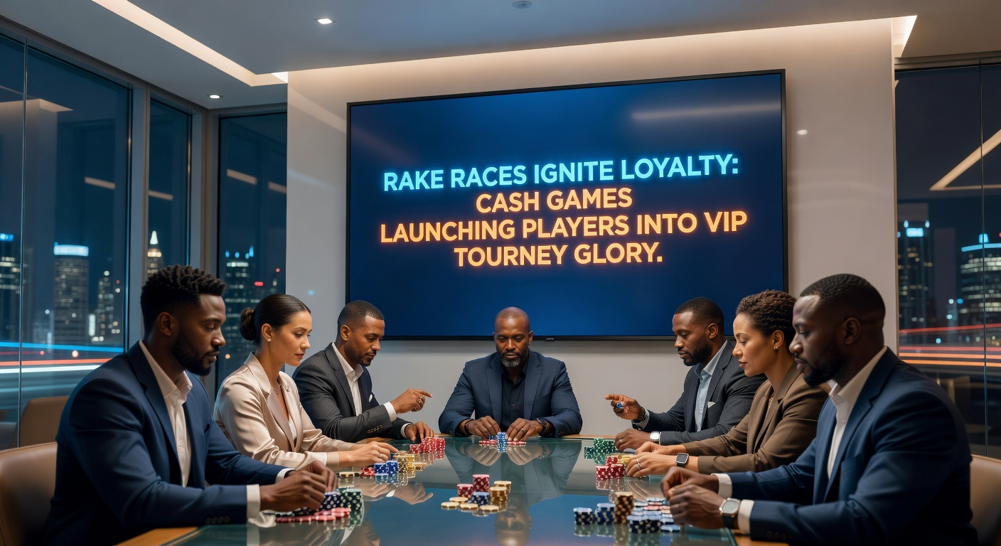 Leaderboards eines Rake Races mit Preisen wie VIP-Turnier-Tickets und Cash-Boni, umgeben von jubelnden Spieler-Avataren