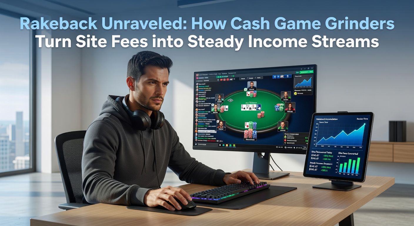 Grafik zeigt Rakeback-Berechnung mit Pokerchips und Euro-Symbolen, die einen stabilen Einnahmefluss darstellen