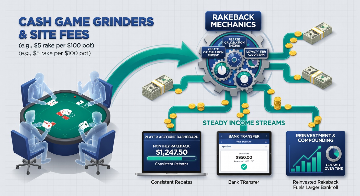 Poker-Grinder am Multi-Tabling-Setup mit mehreren Bildschirmen, die Cash-Game-Tische zeigen und Rakeback-Tracker im Hintergrund