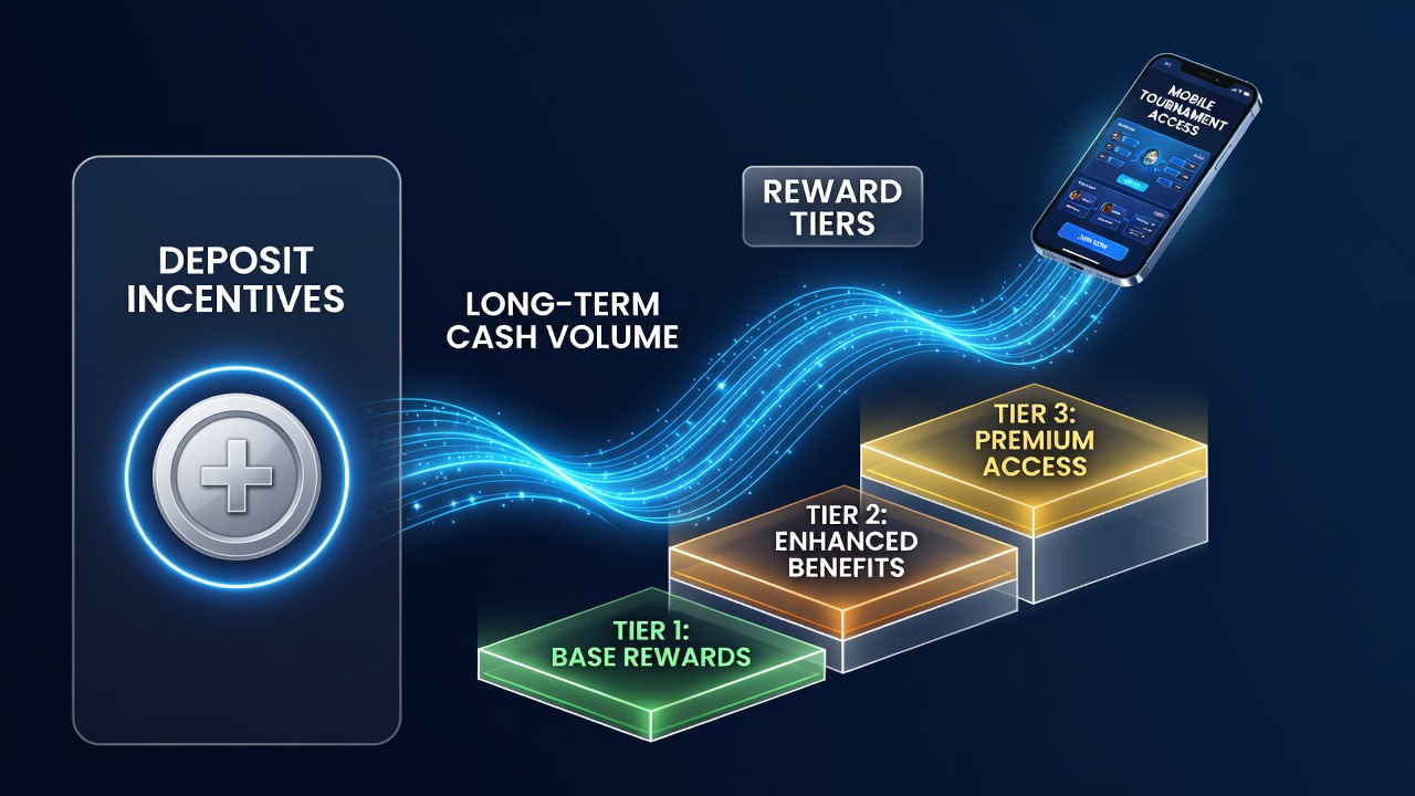 Grafik zeigt den Verlauf von Einzahlungen über Cash-Spiele zu gestaffelten Turnierzugängen in mobilen Poker-Apps